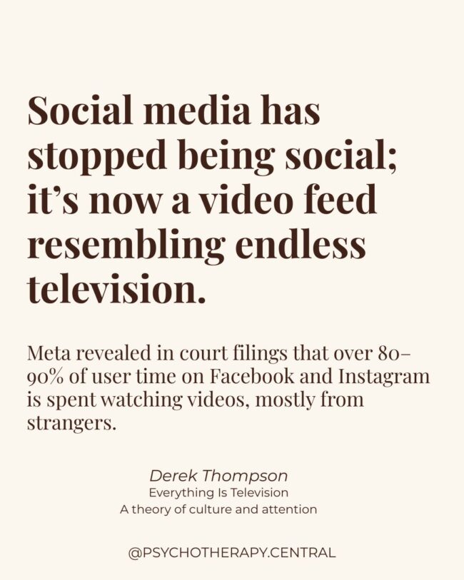 A reflective image about the shift in social media from genuine connection to passive consumption of content from strangers.