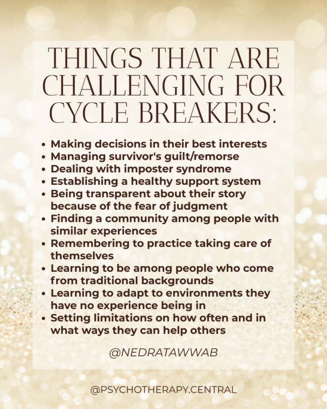 A list of challenges faced by cycle breakers, including managing guilt, imposter syndrome, and building healthy support systems.