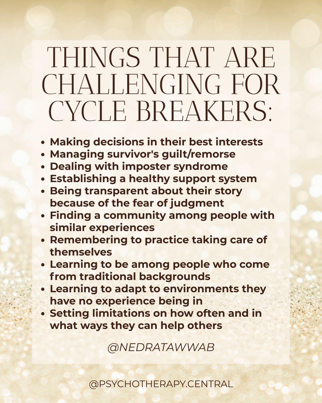 A list of challenges faced by cycle breakers, including managing guilt, imposter syndrome, and building healthy support systems.