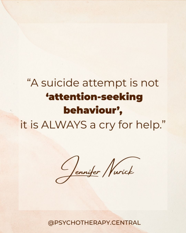 A supportive message about suicide prevention, emphasising that a suicide attempt is always a cry for help and encouraging compassionate, non-judgmental listening.