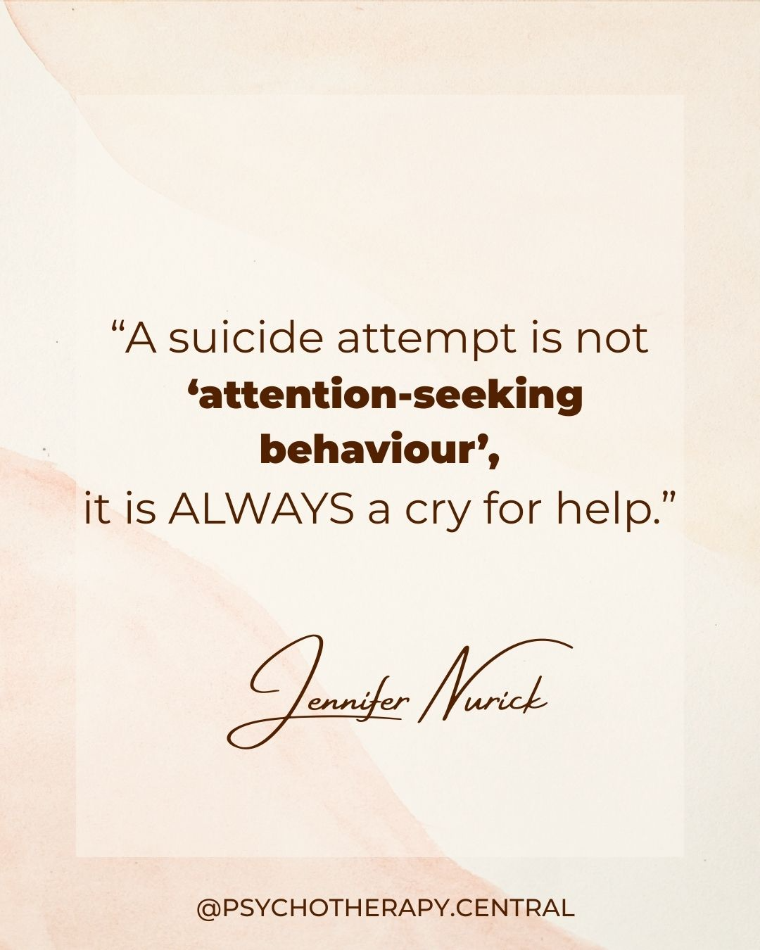 A supportive message about suicide prevention, emphasising that a suicide attempt is always a cry for help and encouraging compassionate, non-judgmental listening.