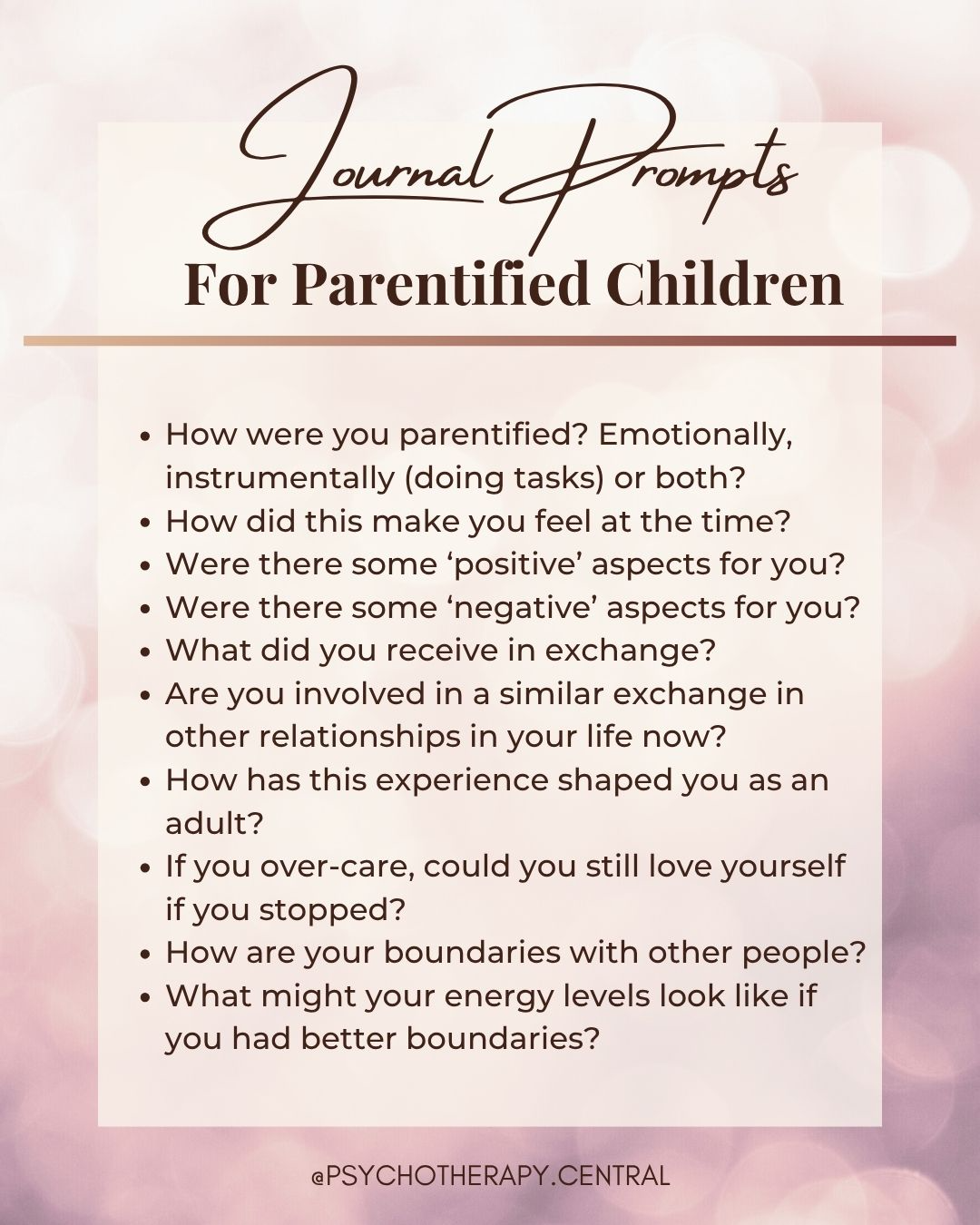 Journal prompts for healing from parentification and reclaiming the childhood that was lost to over-responsibility.