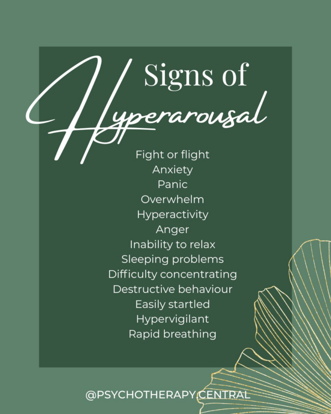 Infographic listing the signs of hyperarousal including anxiety, panic, anger, and hypervigilance, explaining the window of tolerance concept.