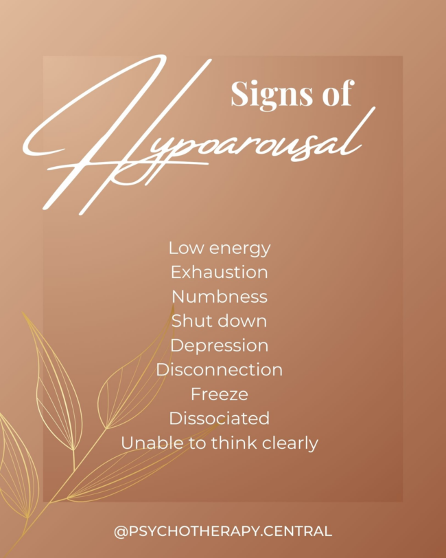 List of signs of hypoarousal including exhaustion, numbness, disconnection, and freeze as part of the body's shutdown defence response.