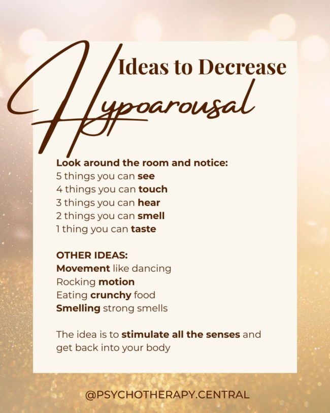 Infographic listing grounding techniques for hypoarousal, including the 5-4-3-2-1 sensory exercise and movement ideas to help reconnect with your body.